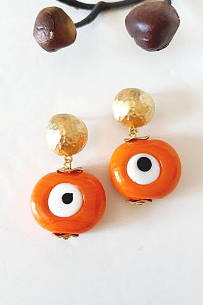 PETEK AKSESUAR Glass Evil Eye Design Earrings Orange