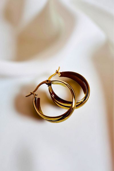 PETEK AKSESUAR Stainless Steel 2 Sira Hoop Earrings