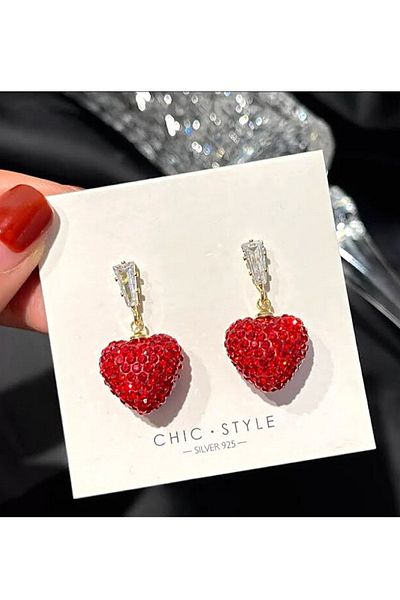 PETEK AKSESUAR Full Rhinestone Mini Red Heart Earrings
