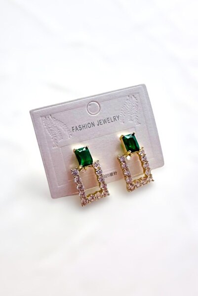 PETEK AKSESUAR Yeşil Zirkon Taşlı Kare Küpe 2 Cm.