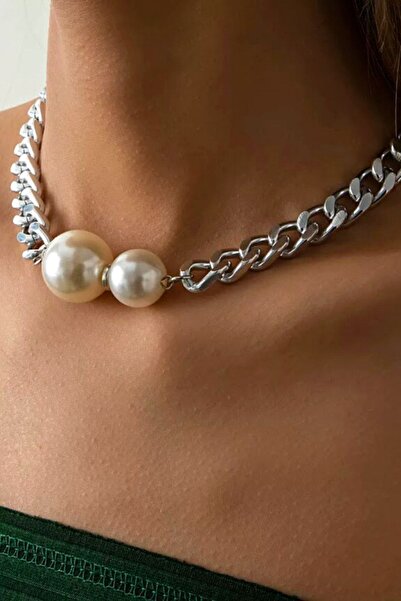 PETEK AKSESUAR Çift Incili Zincir Choker Kolye Silver