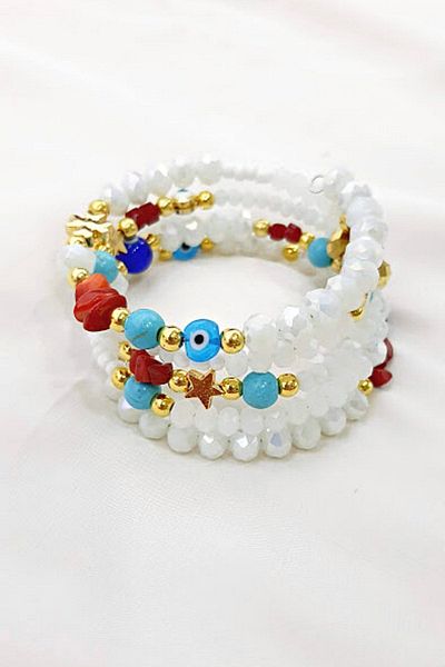 PETEK AKSESUAR White Crystal Coral Turquoise Evil Eye Wrap Bracelet