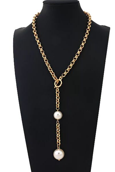 PETEK AKSESUAR Metal Uzun Zincirli Inci Kolye Gold