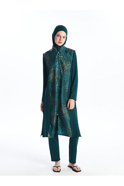 LC Waikiki LCW DREAM - Σετ μαγιό Hijab με μακρυμάνικο σχέδιο με σκούρο πράσινο στάμπα