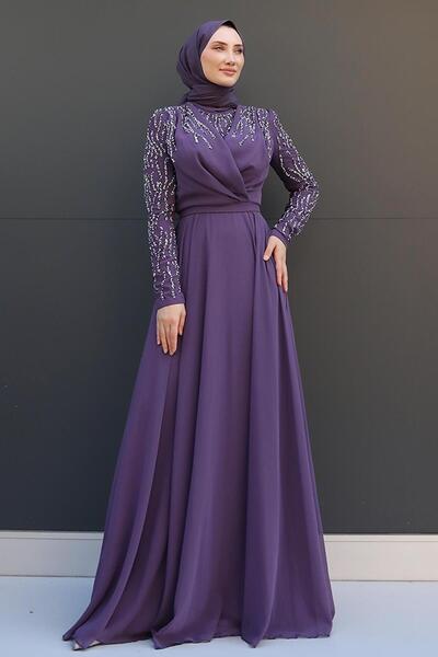 giz astore Vela Tesettür Şifon Abiye Koyu Lila