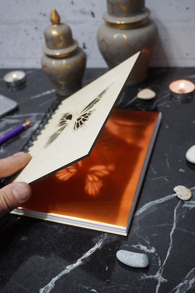 markcat Butterfly Themed Notebook with Wooden Cover - Checked Agenda and School Notebook (A5 - 120 Pages)
