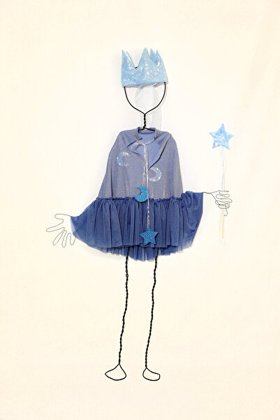 Dimmel Costume Mavi Pelerin, Taç ve Değnek Seti ile büyülü oyunlar için ideal...