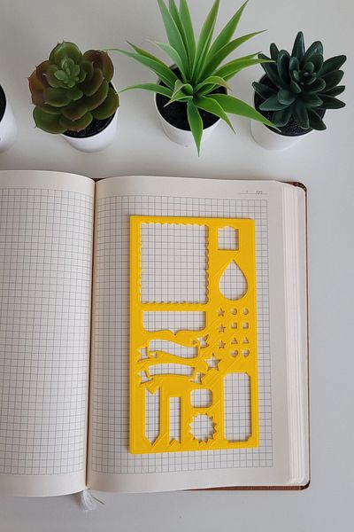 Karmelom Studio Bullet Journal Sticker, Banner and Shape Template Ruler – Planner Compatible