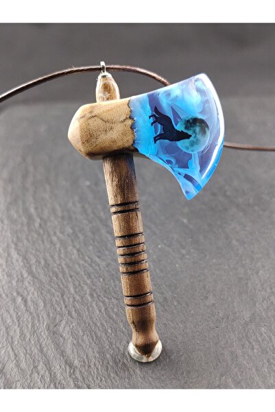 Selenge Art Kurt ve Dolunay Sisli El Yapımı Balta Epoksi Kolye