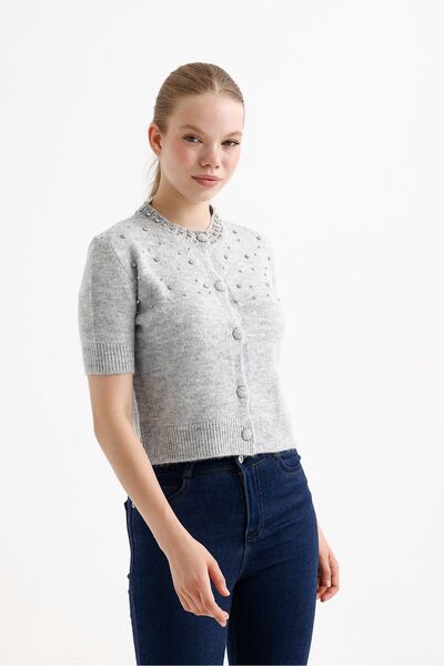 fujya Dámský pletený svetr s krátkým rukávem a vyšívaným kamenem s vyšívaným kamenem