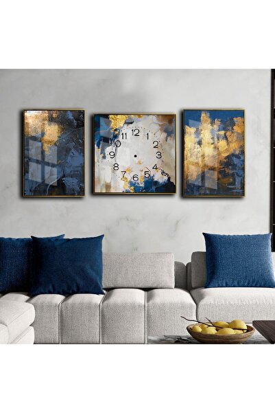 Harikabirev HARİKABİREV|MAVİ-GOLD-GRİ ABSTRACT DESENLİ KOMBİN MODELİ 01 |ÇERÇEVELİ SAATLİ CAM TABLO
