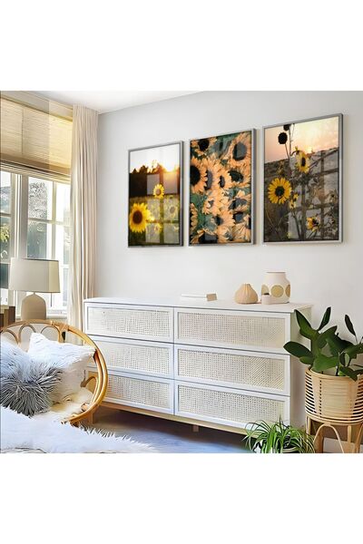 Harikabirev HARİKABİREV | COMBINAT DE FLORE DE SOARE GALBEN-VERDE 01 | TABLO DE STICLA CU CADRU 3 PIESE VERTICAL