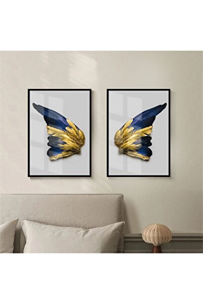 Harika bir ev Hari̇kabi̇rev | Gold Dark Blue Color Butterfly Wing | Framed Gl...