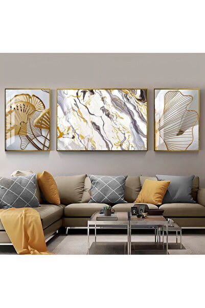 Harika bir ev HARİKABİREV|BEYAZ-GOLD ÇİÇEK-SOYUT KOMBİNİ 3|ÇERÇEVELİ TEMPERLİ...