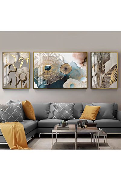 Harikabirev HARİKABİREV|KREM-GOLD SOYUT VE YAPRAK KOMBİNİ 1|ÇERÇEVELİ TEMPERLİ CAM TABLO 3LÜ YATAY
