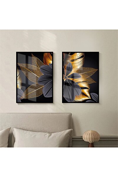 Harikabirev |gold Siyah Kombini Soyut Çiçek |cam Tablo 2li Dikey
