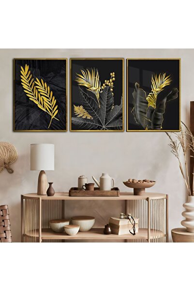 Harika bir ev Hari̇kabi̇rev | Gold-Black Flower Combination 9 | Framed Temper...