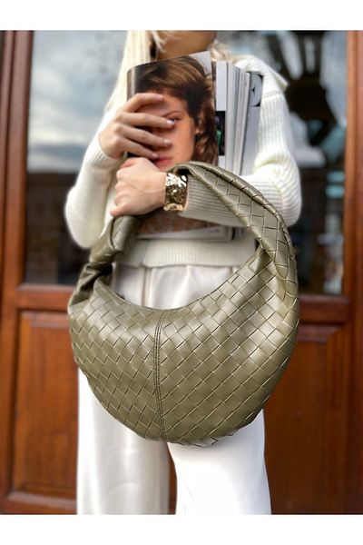 NİSSEA Women's Khaki Knitted Knotted Large Shoulder Bag