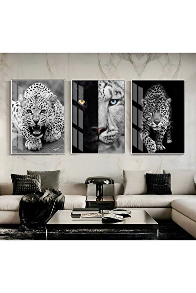 Harikabirev HARİKABİREV|ASLAN-KAPLAN-LEOPAR TABLOSU 04|ÇERÇEVELİ TEMPERLİ CAM...