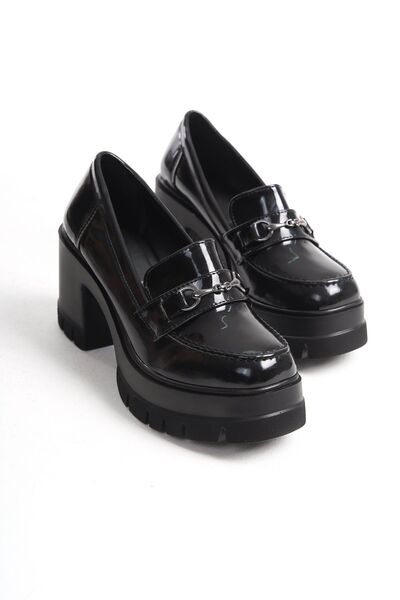 asmi shoes Kadın Siyah Rugan İnce Toka 8 cm Yüksek Topuklu Loafer