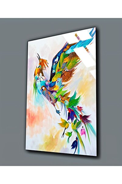 Harikabirev HARİKABİREV | PICTURĂ PE STICLA INRĂZĂTĂ (TEMPERATĂ) CU PĂSĂRI CULORI 01 | TMTEKLİ