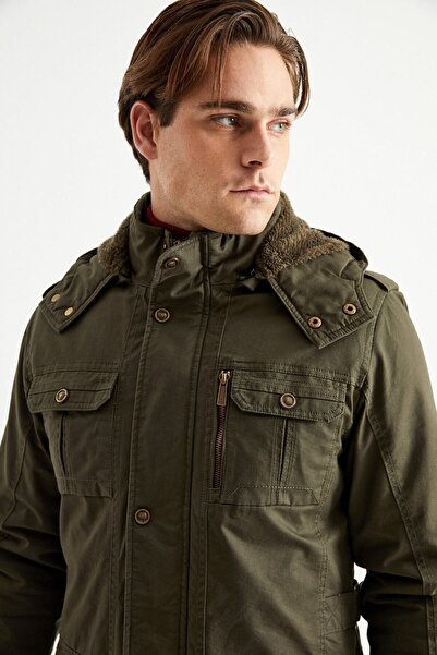 DYNAMO Men's Military Green Hooded Fur Lined Waterproof Coated Thick Coat