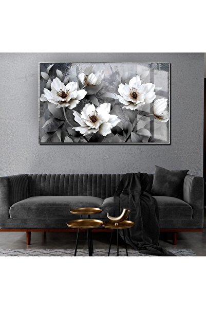 Harikabirev |antrasit Gri-beyaz-siyah Çiçek Tablosu |çerçeveli Temperli Cam Tablo Tekli Yatay
