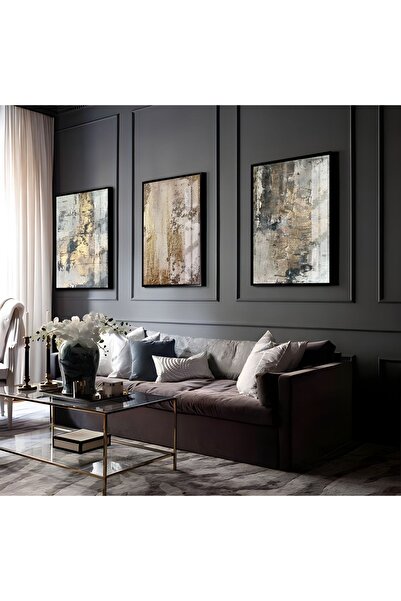 Harikabirev HARİKABİREV | COMBINATIE ABSTRACTĂ GRAY-GOLD-BLACK 05 | TABLO DE STICLA CU CADRU 3 PIESE VERTICAL