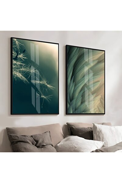 Harikabirev HARİKABİREV | COMBINAT DE CULOARE TURCOAZ MOALE PE KARAHİNDĂ | TABLO DE STICLA CU CADRU 2 PIESE VERTICAL