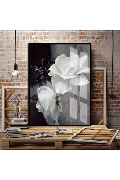 Harikabirev HARİKABİREV|BEYAZ-GRİ-GOLD EN SEVİLEN ÇİÇEK TABLOSU |ÇERÇEVELİ TEMPERLİ CAM TABLO TEKLİ DİKEY