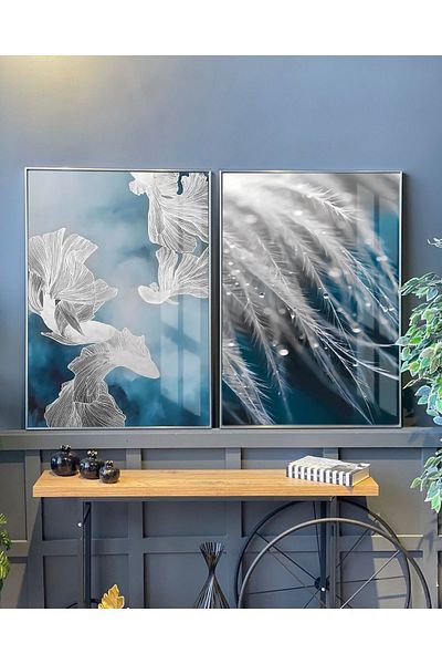 Harikabirev | navy blue Ασημί Συνδυασμός Navy Blue Soft Feathers | γυαλί Τραπέζι 2 Κάθετο