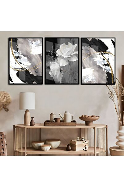 Harika bir ev |siyah-gold Soyut Kombini 4 |çerçeveli Temperli Cam Tablo 3lü D...