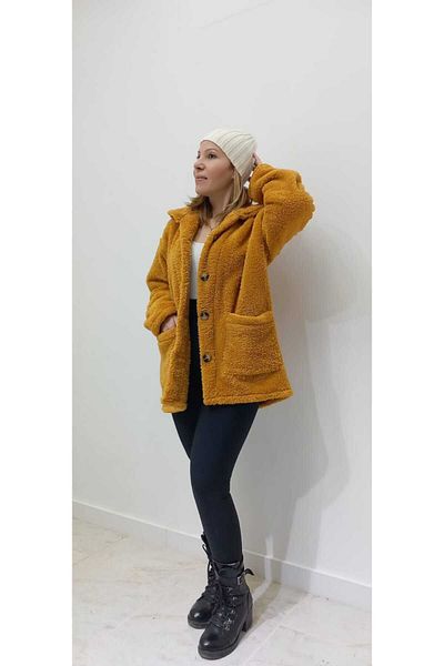 Azra Moda Style Mustard Color Button Detail Long Cardigan Coat with Pockets for Women