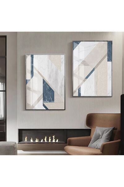 Harikabirev HARİKABİREV | COMBINAT DE ABSTRACTE GRAY-BLUE-BEIGE 1 | TABLO DE STICLA CU CADRU 2 PIESE VERTICAL