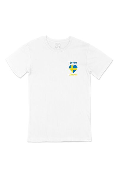 Cix Stokholm Švedska Zastava Srce Džep Logo Dizajn Bela Majica
