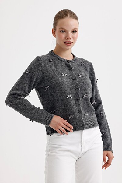 fujya Women's Crew Neck Ribbon Detailed Silk Anthracite Knitwear Cardigan