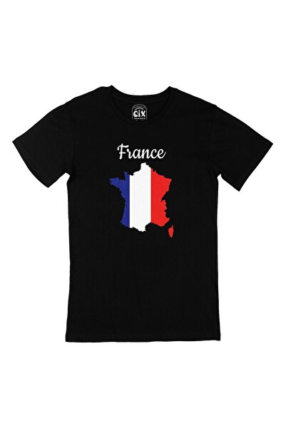 Cix تيشيرت أسود للجنسين مع خريطة فرنسا وعلمها