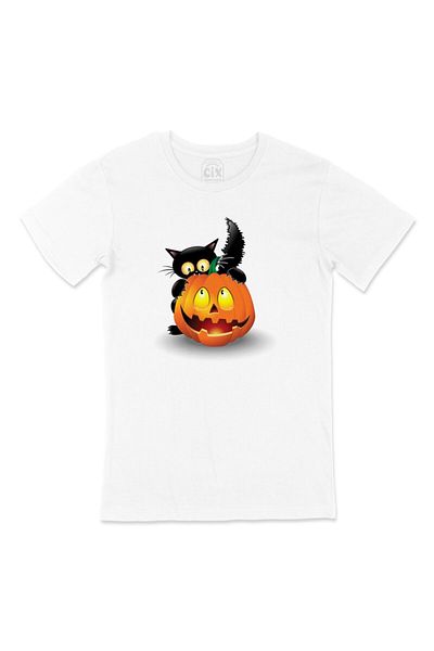 Cix Tricou alb cu logo-ul de buzunar al pisicii de Halloween
