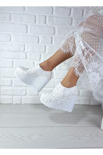 Modavien Pantofi de mireasă de damă, albi, cu toc cu pană de 11 cm 71003