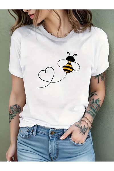 Pink Sky Tricou oversize cu decolteu rotund cu imprimeu Bee unisex