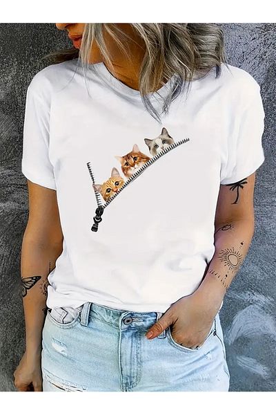 Pink Sky Μπλουζάκι με στάμπα Cat Unisex Oversize Crew Neck