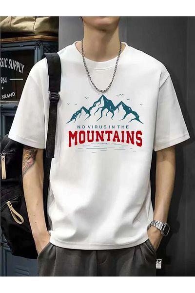 Pink Sky No Virus in the Mountains Printed Unisex Oversize T-shirt - Crew Neck