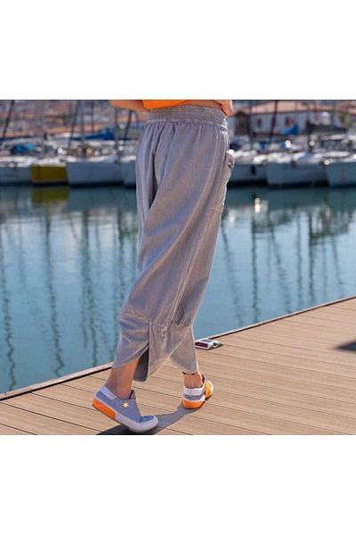 pier moda Bohemian Style Embroidered Gray Linen Shalwar - Rubber Waist Yoga Pants