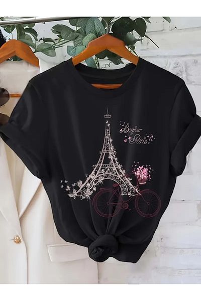 Pink Sky Μπλουζάκι με στάμπα Eiffel Tower και Crew Neck Unisex Oversize