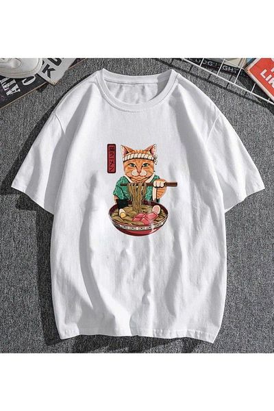 Pink Sky Μπλουζάκι Samurai Cat White Unisex Oversize