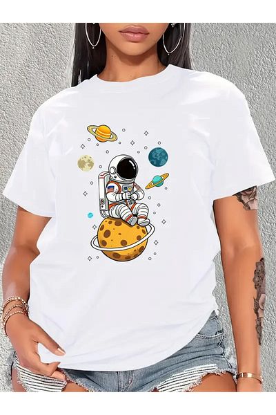 Pink Sky Tricou oversize cu decolteu rotund cu imprimeu astronaut unisex