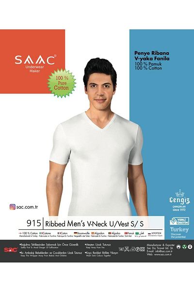 saac 2 Pieces 100% Cotton Combed Ribbed Men's V-Neck Short Sleeve Undershirt - 915-2PCK-WHT
