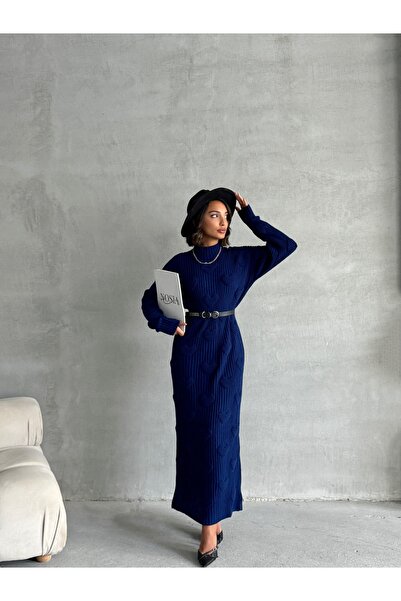 Nosia Kadın Kalp Desenli Kabartmalı Maxi Boy Triko Elbise