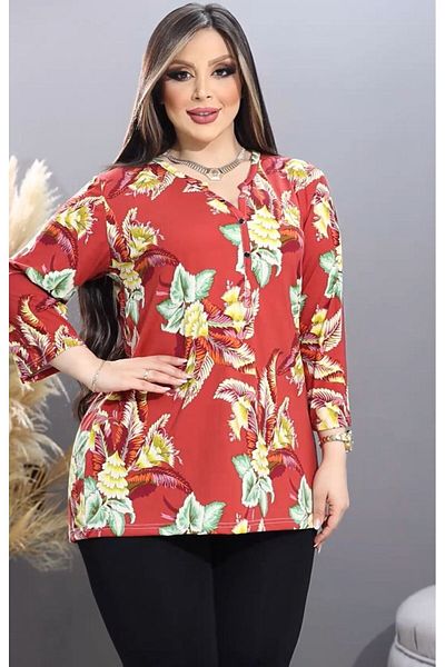 HÜLYA BUTİK Burgundy Patterned Women's High Collar Blouse - Large Size