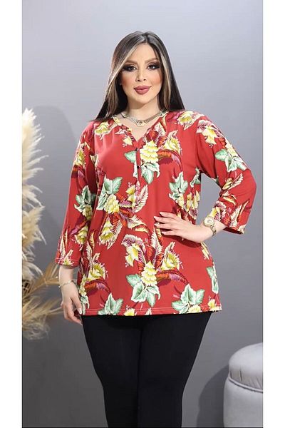 HÜLYA BUTİK Burgundy Patterned Women's High Collar Blouse - Large Size